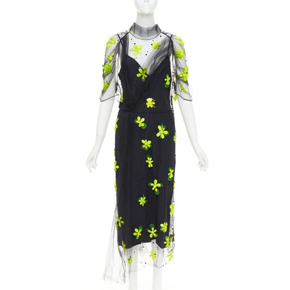 PRADA 2018 Runway neon yellow floral bead black gathered tulle dress IT40 S - Picture 1 of 8